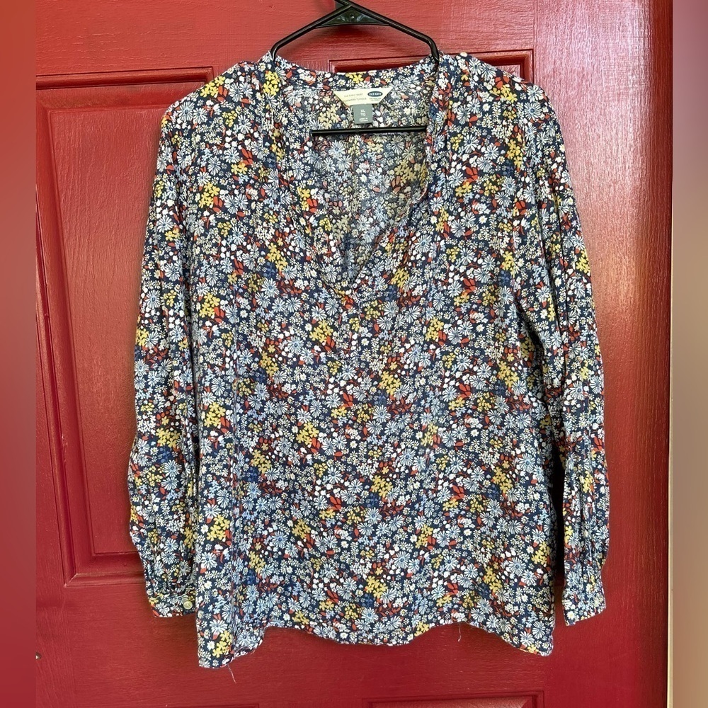Old Navy XL linen blue ditsy floral split neck tunic blouse Cottagecore